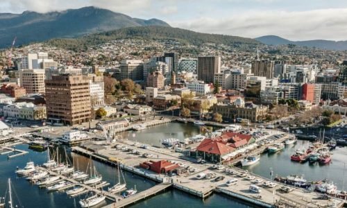 Aerial view of Hobart waterfront, marina and Mount Wellington