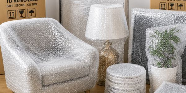 Bubble-wrapped furniture and boxes prepared for removal