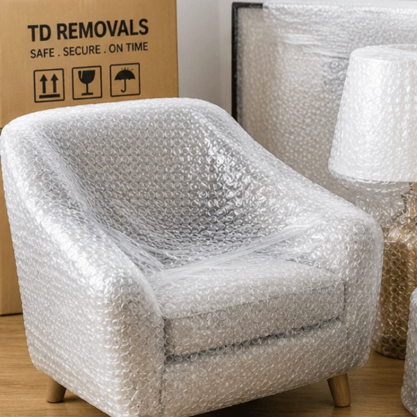 Bubble-wrapped armchair beside TD Removals box